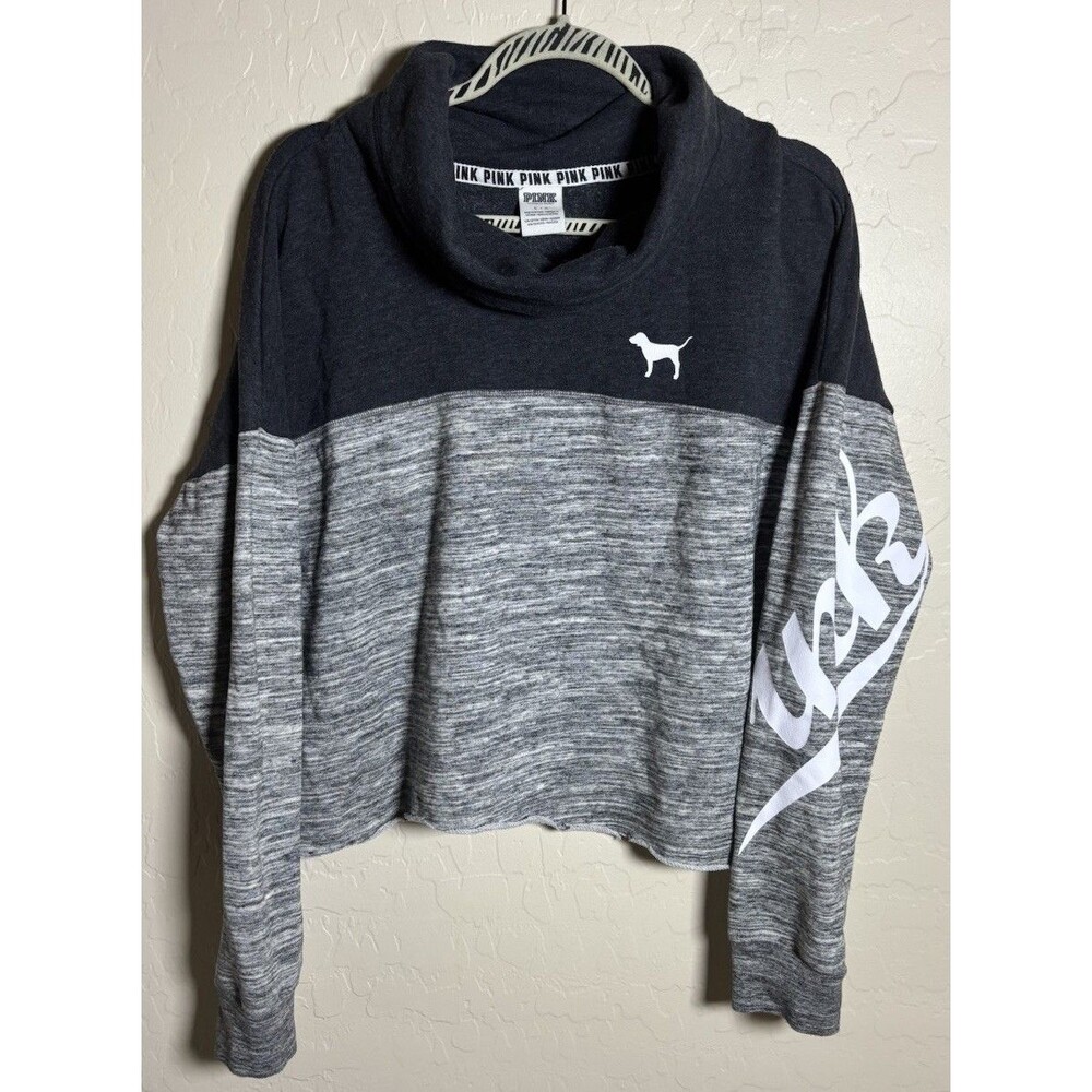 Victoria's Secret PINK Womens L Gray Colorblock Cropped Sweatshirt Cowl Neck